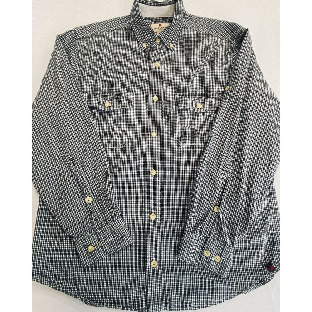 Woolrich Mens Blue White Small Plaid Roll up Long Sleeves Flap Pockets Size M